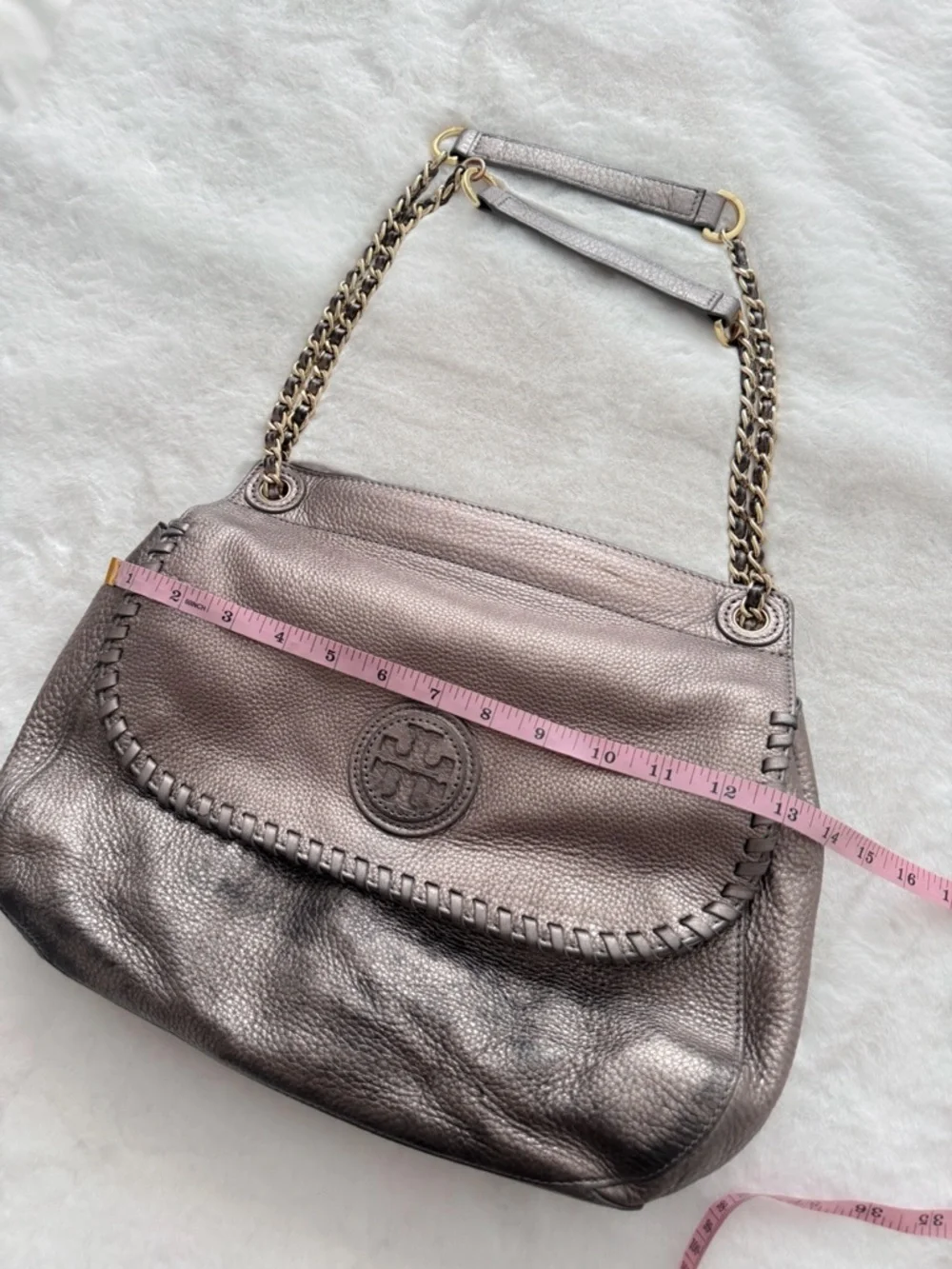 Tory Burch Marion Whipstitch Leather Saddle Bag Metallic Pewter